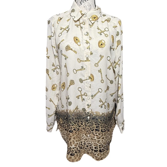 Susan Graver Tops - Susan Graver Blouse Lock Key Leopard Animal Print Button Long Sleeve Shirt‎ Sz 6